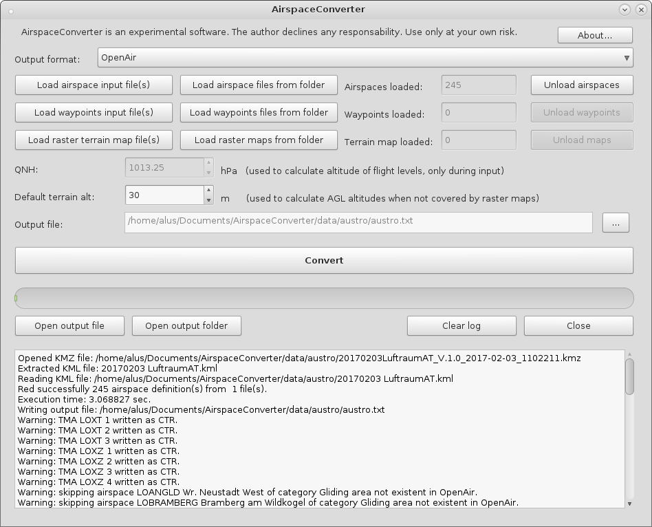A screenshot of the Qt interface of AirspaceConverter running under Linux