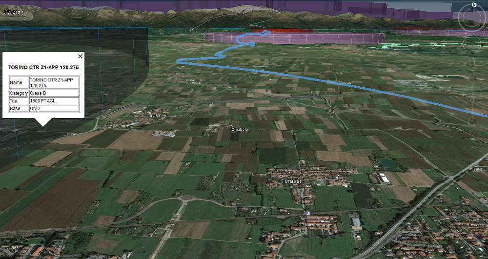 A flight track plotted with the surrounding airspace in Google Earth